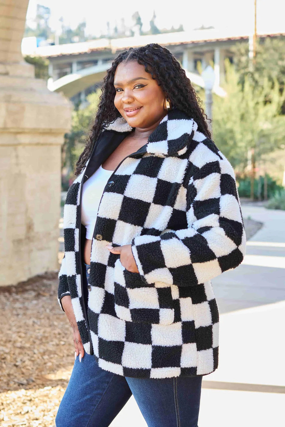 Checkered Button Front Coat with Pockets
