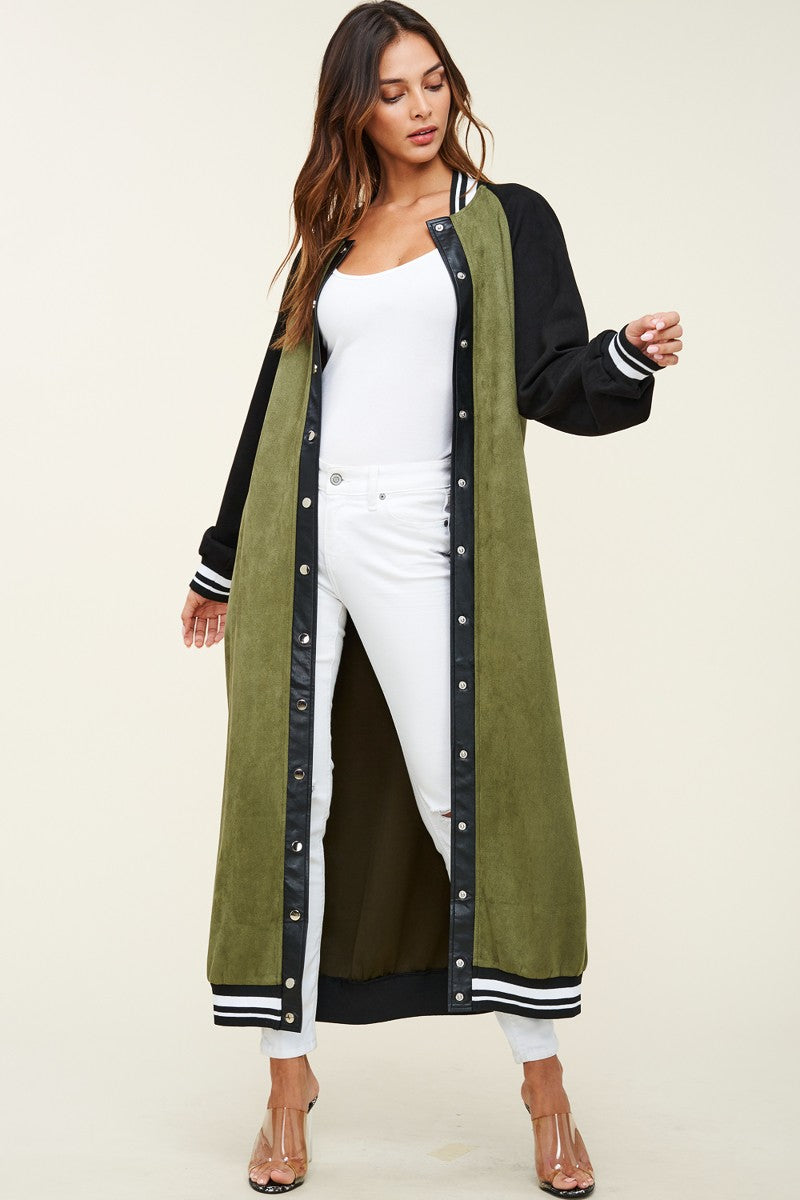 SoNo Chic Varsity Faux Suede Green Maxi Front Snap Jacket