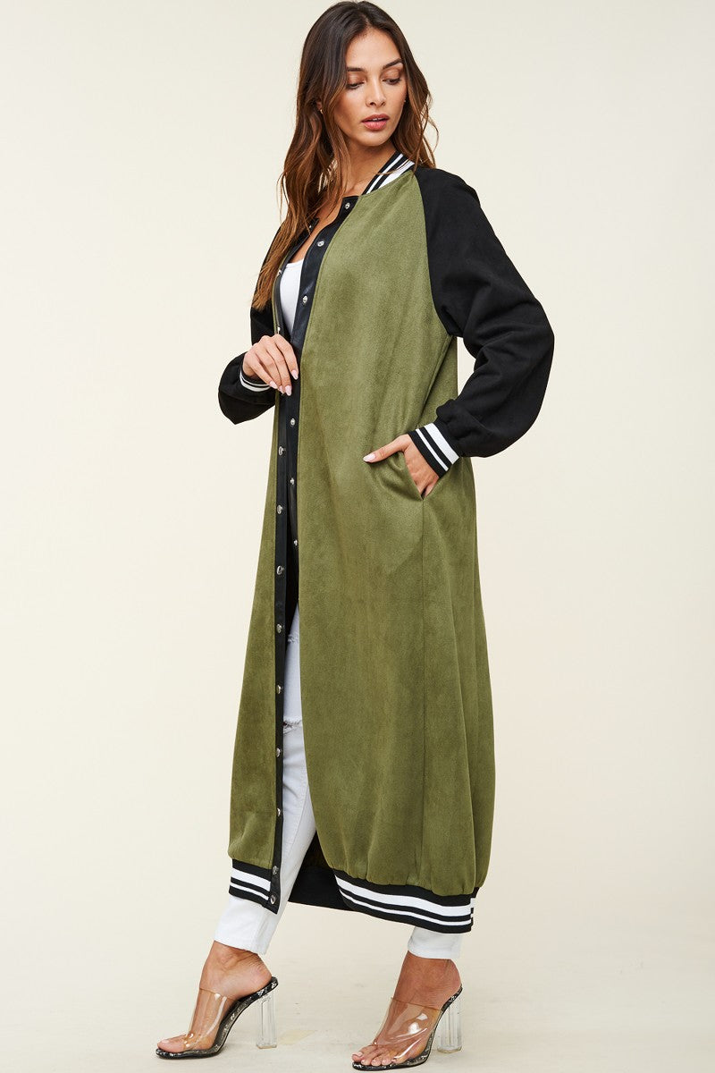SoNo Chic Varsity Faux Suede Green Maxi Front Snap Jacket