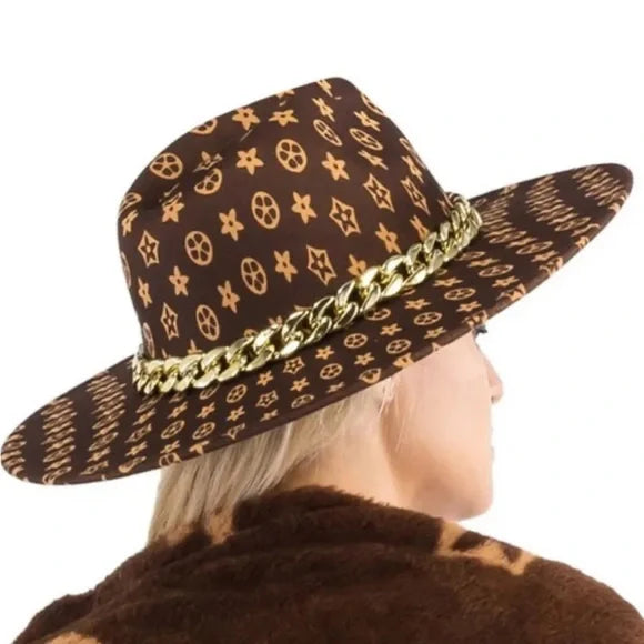 Women's Brown Wide Brim Felt Fedora Panama Hat with Chain Band