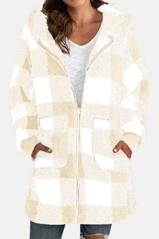 Double Take Plaid Long Sleeve Hooded Coat