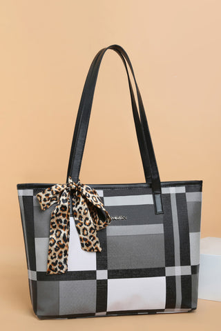 Color Block Tie Detail PU Leather Tote Bag