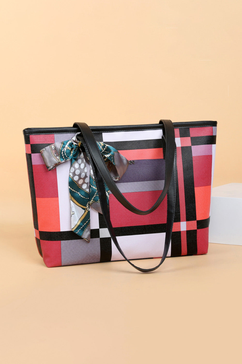 Color Block Tie Detail PU Leather Tote Bag