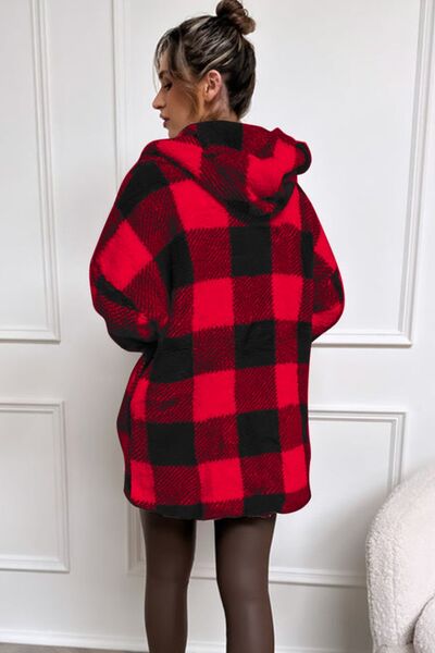 Double Take Plaid Long Sleeve Hooded Coat