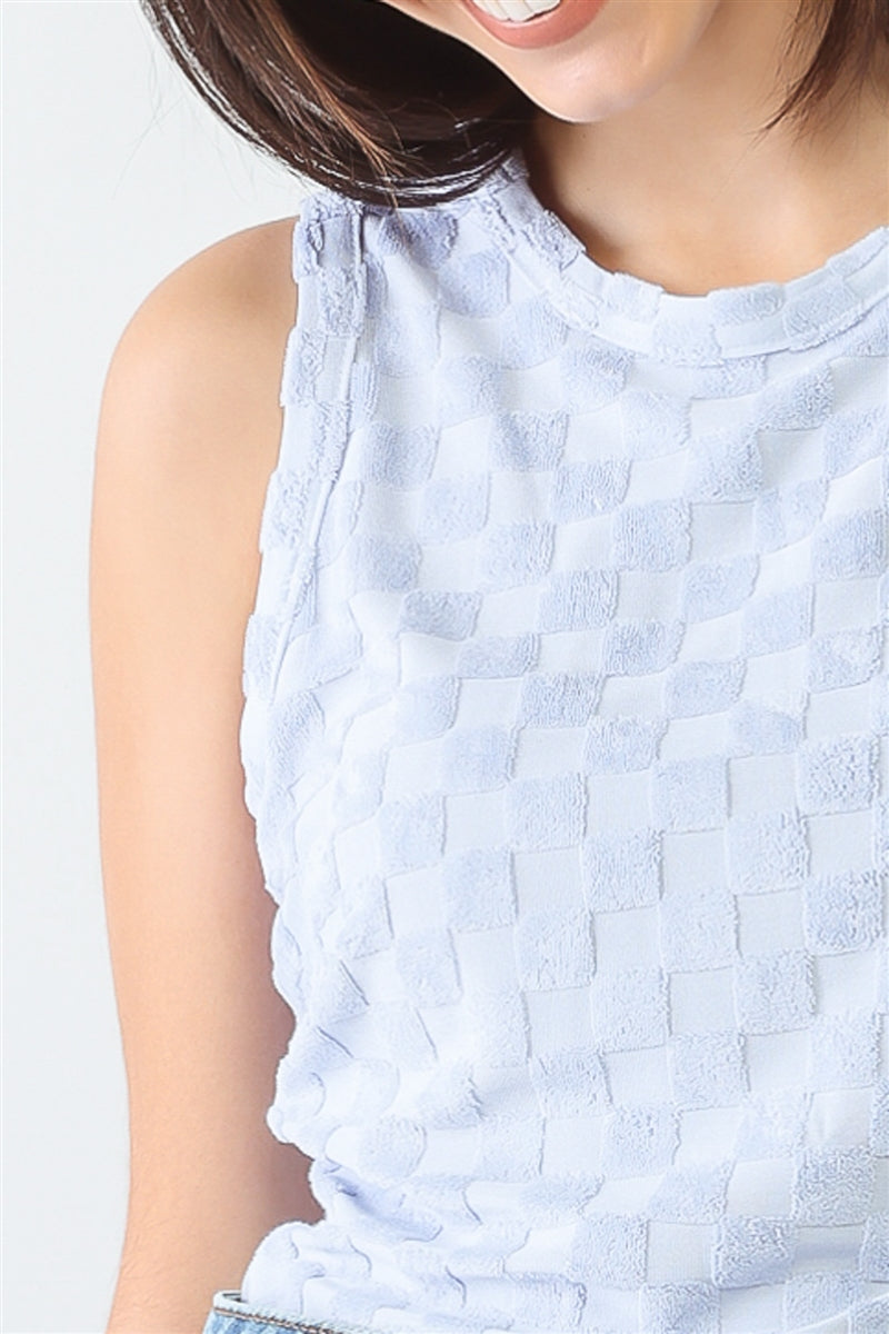 Baby Blue Chess Cage Print Cotton Blend Sleeveless Bodysuit