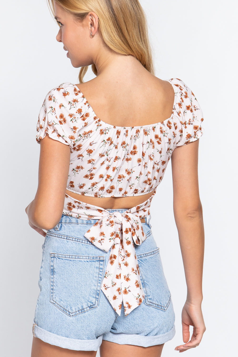 Short Puffed Sleeves Printed Floral Top with Bow Tie Back, Cream - Small