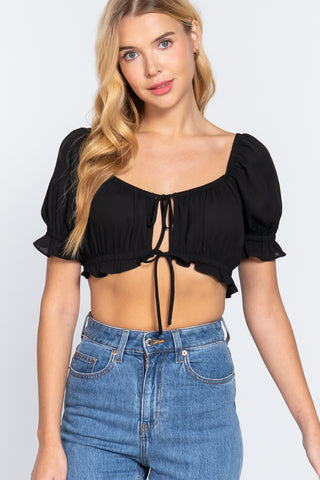 Short Puffed Sleeves Crop Top with Front Tie Closure, Black - Small