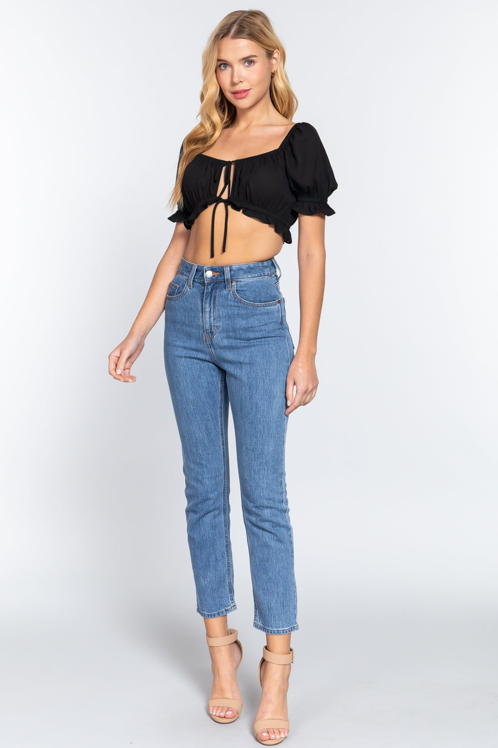 Short Puffed Sleeves Crop Top with Front Tie Closure, Black - Small