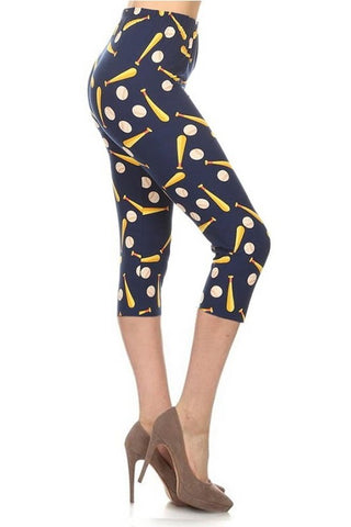 Baseball Printed, High Waisted Capri Leggings In A Fitted Style With An Elastic Waistband