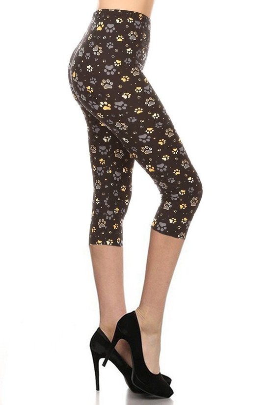 Paw Print, High Rise, Fitted Capri Leggings, With An Elastic Waistband