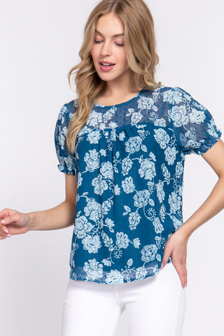 Floral Printed Clip Dot Blouse Top, Casual Wear with Short Puffed Sleeves, Navy Blue - Small