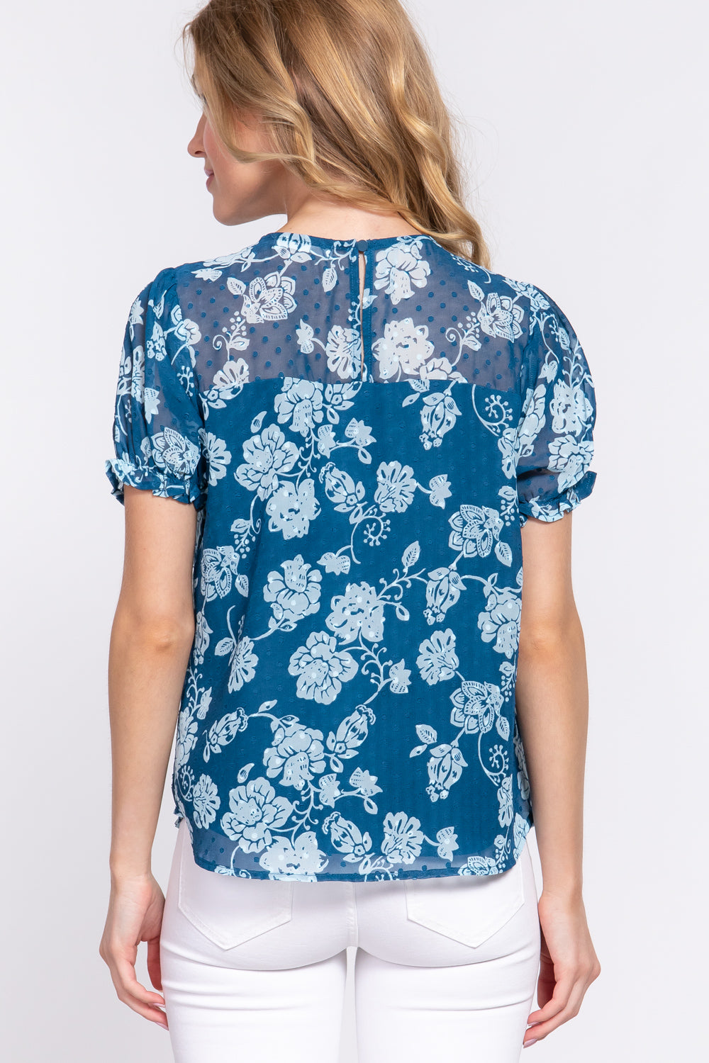 Floral Printed Clip Dot Blouse Top, Casual Wear with Short Puffed Sleeves, Navy Blue - Small