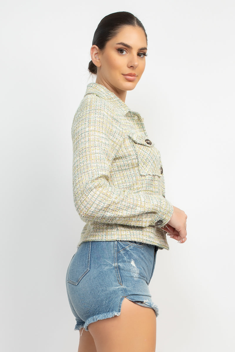 Tweed Jacket with Plaid Button-Down, Winter Wear Shirts for Women, Sage Green - Small