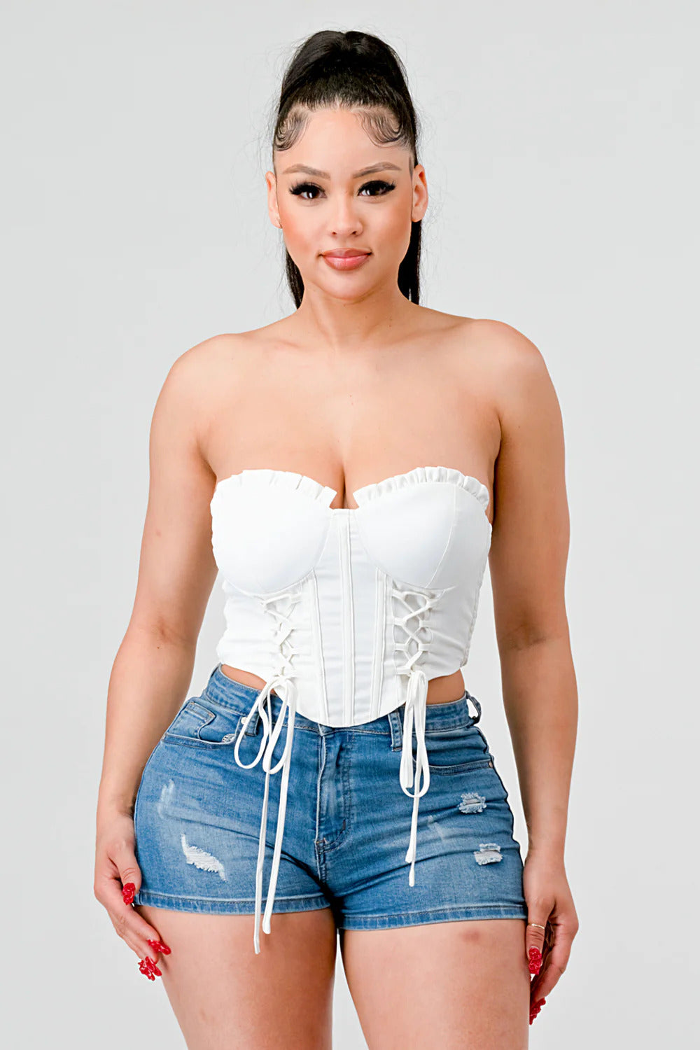 Luxe Sweetheart Ruffled Drawstring Lace Bustier Corset Crop Top for Women, Off-White - Small