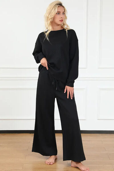 Double Take Textured Long Sleeve Top and Drawstring Pants Set